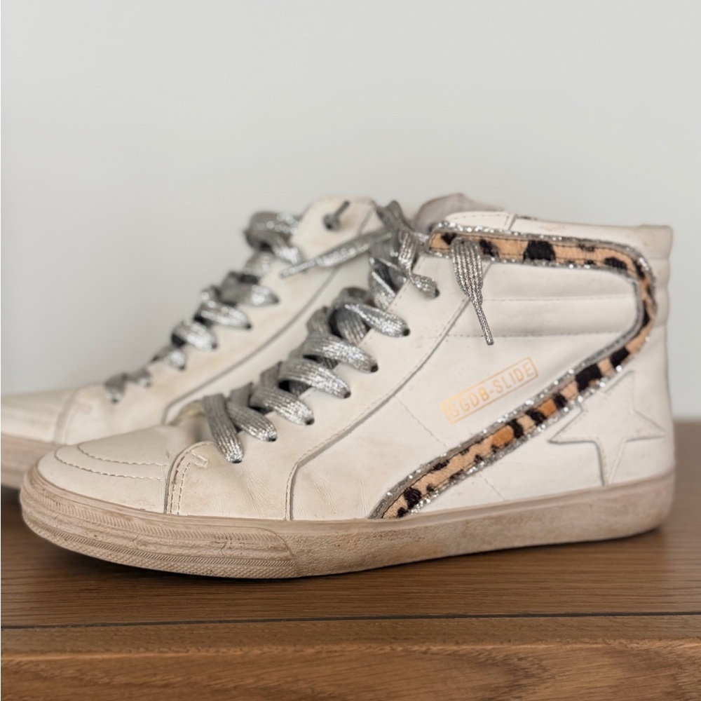 Golden Goose Women's White and Silver Sneakers with Animal Print